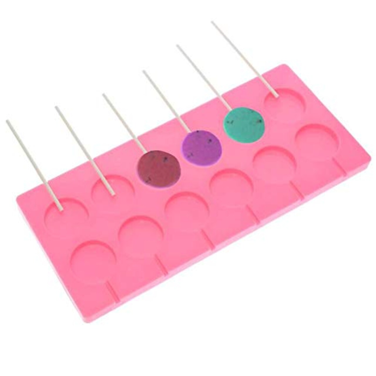 12 Capacity Silicone Lollipop Molds,Chocolate Hard Candy Mold with 50 Pieces 4 inch Lollypop sucker sticks,Candy Treat Bags,gold ties. (Round pink)
